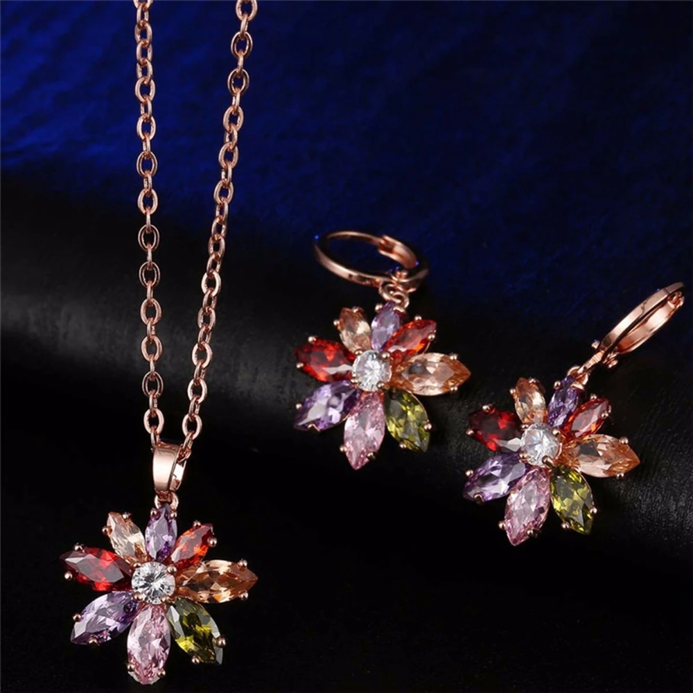 

Multicolor Pendant+Earrings Set Rose Gold Filled Womens Jewelry Set Inlaid Zirconia