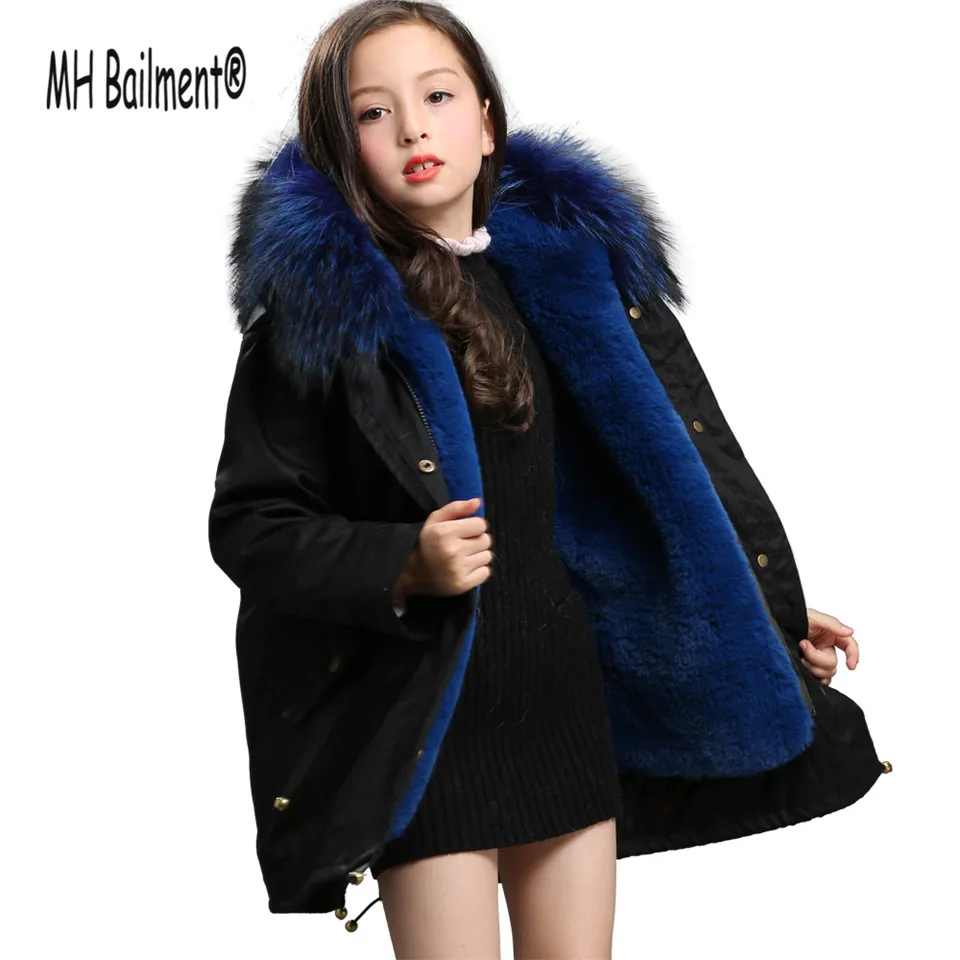

2017 Children Army Coat Faux Rabbit Fur Clothing Winter Long Parkas Hooded Coat Kids Warm Thick Outerwear Black Jacket FC#1
