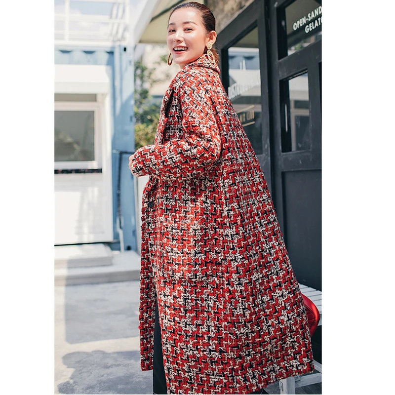 Autumn Winter Female Turn Down Collar Woolen Coat Women Vintage Wool Jacket Lattice Parka Casual Loose X-Long Overcoat Z389