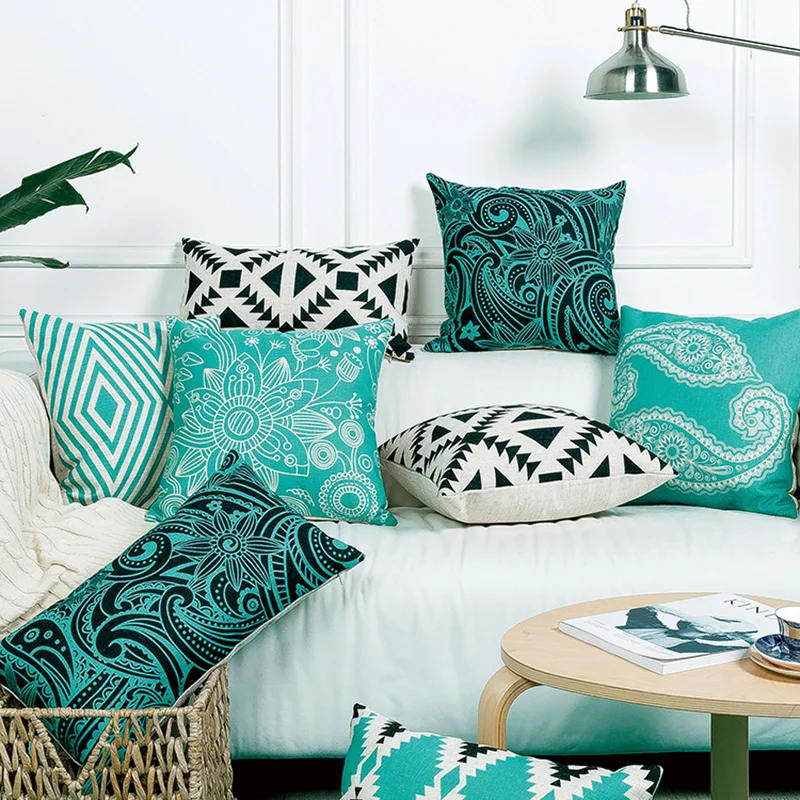 

Wholesale Linen Pillow Cover Cushion Cover Vintage Blue Black Geometric Henna Floral Home Decorative Pillow Case 45x45cm/30x50cm