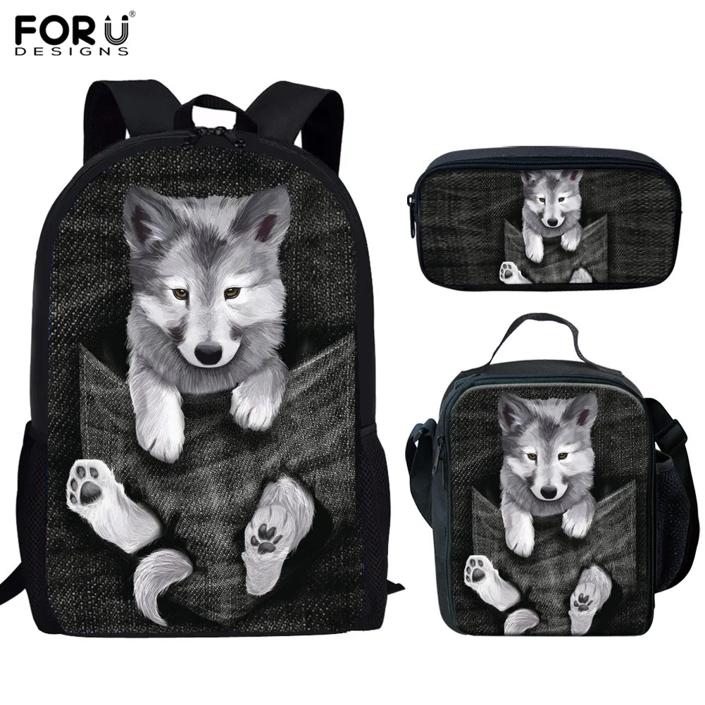 FORUDESIGNS School Bags Set for Boys Girls 3D Husky Pattern Bagpack Kids Schoolbags High Quality Backpack Book Lunch Pencil Bags