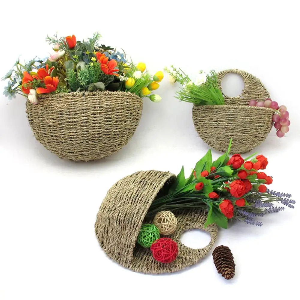 Straw Woven Wall Hanging Flower Pot Basket Artificial Flower Plant