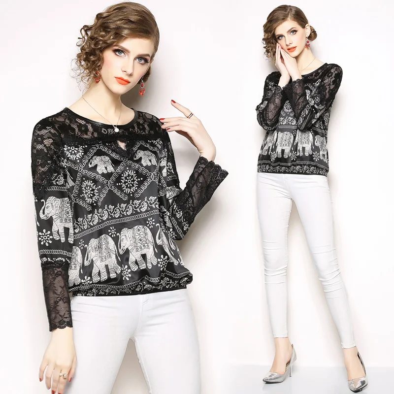 

2018 fall Women clothing causal O neck lace Shirt Tops hollow out female Elegant long-sleeve Lace Blouses shirts 700H3
