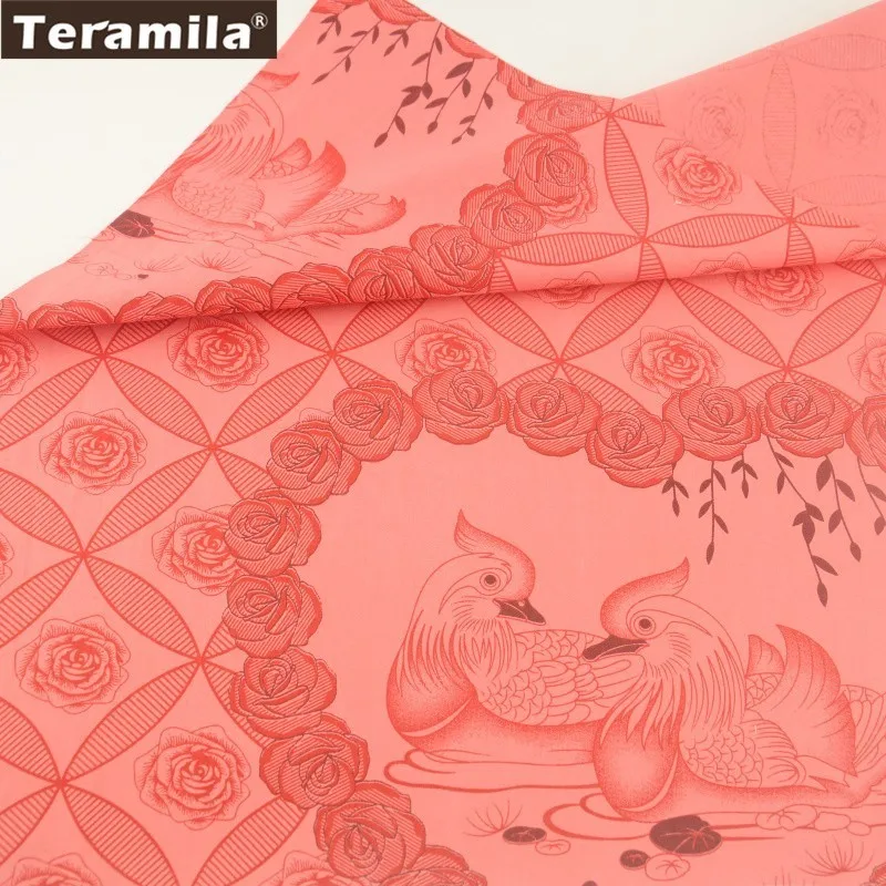 Teramila Fabrics Twill 100 Cotton Red Printed Mandarin Duck Wtth Rose