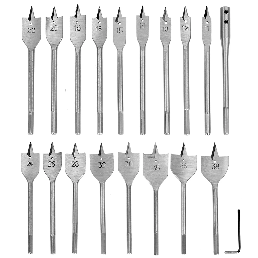 New arrival 19Pcs 11-38mm Spade Drill Bit Set with Extended Rod High Speed Steel Wood Drill Bit Set for Woodworking