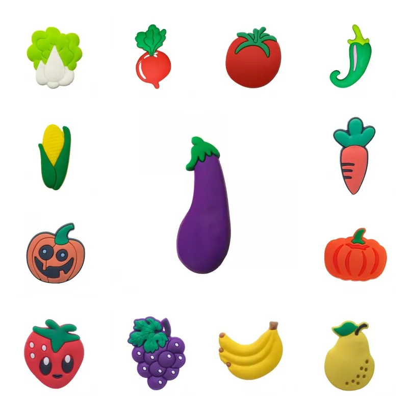 

100pcs Vegetables PVC Shoe Charms Fruits Accessory Buckles Fit Bracelets Eggplant Corn Pumpkin Croc JIBZ Kids Best Gifts