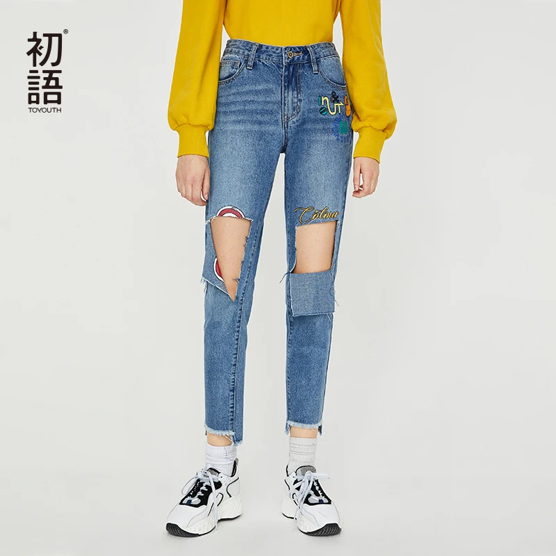Toyouth Slim Ripped Pencil Denim Pants H Type Mid Waist Asymmetrical Straight Jeans Skinny Femme Tight Button Casual | Женская одежда