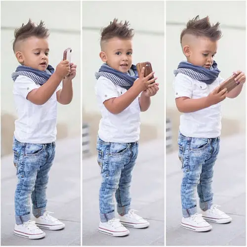 Комплект одежды из 2 предметов для маленьких мальчиков, белая футболка для малышей Комплект из топа и джинсовых штанов комплекты одежды для мальчиков От 2 до 7 лет