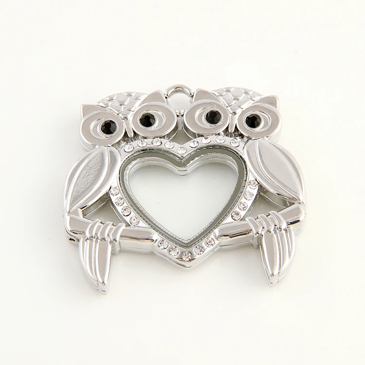 

New Design Double Owl Shape Rhinestone Love Heart Glass Memory Floating Locket necklaces & pendants
