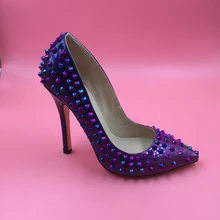 Purple Rivet Pointed Toe Women Pumps Slip-on Ladies Pumps Spring Style OL Shoes Women Size 14 Stilettos High Heels Real Photos
