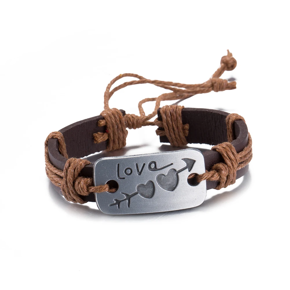 Vintage Brown Handmade Charm Love Heart Leather Bracelet Alloy Hemp