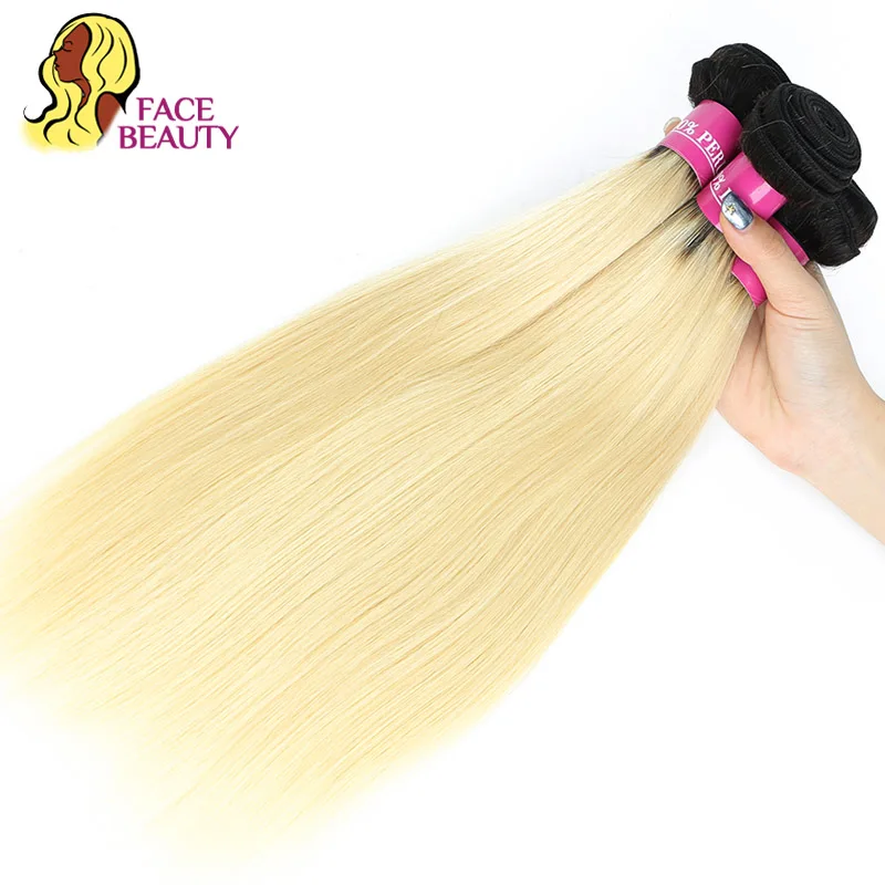 

Facebeauty 1B 613 Ombre Blonde Virgin Hair Bundles 1/3/4 Piece 2 Tone Dark Roots Platinum 613 Straight Peruvian Human Hair Weave