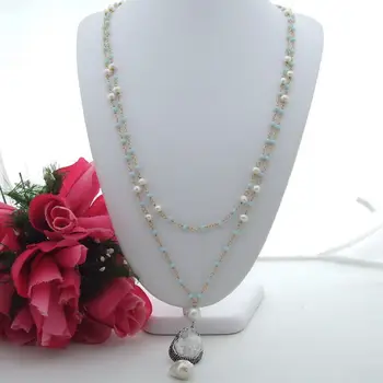 

FC092204 30" 2 Strands Crystal Pearl Necklace White Quartz Keshi Pearl Pendant