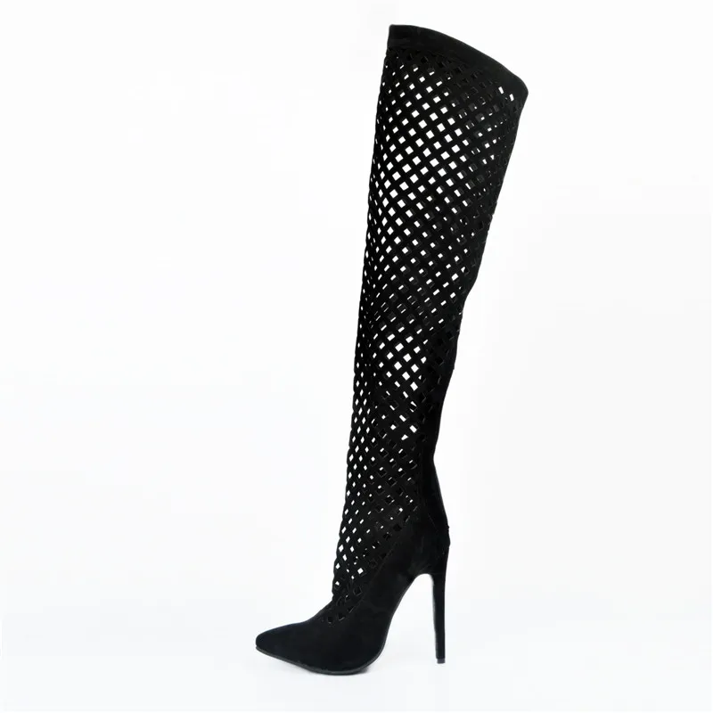

THEMOST Sexy Pointed Toe Long Hollow Ladies Stilettos High Heels Boot Sandals Summer Shoes Woman Black Over Knee High Sandals