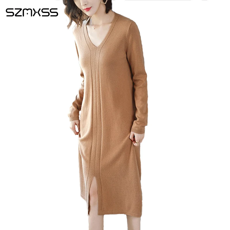 

2018 Autumn New Korean Women Knit Dress Solid Color V-neck Long Sleeve Turtleneck dresses High Quality Casual Long dress