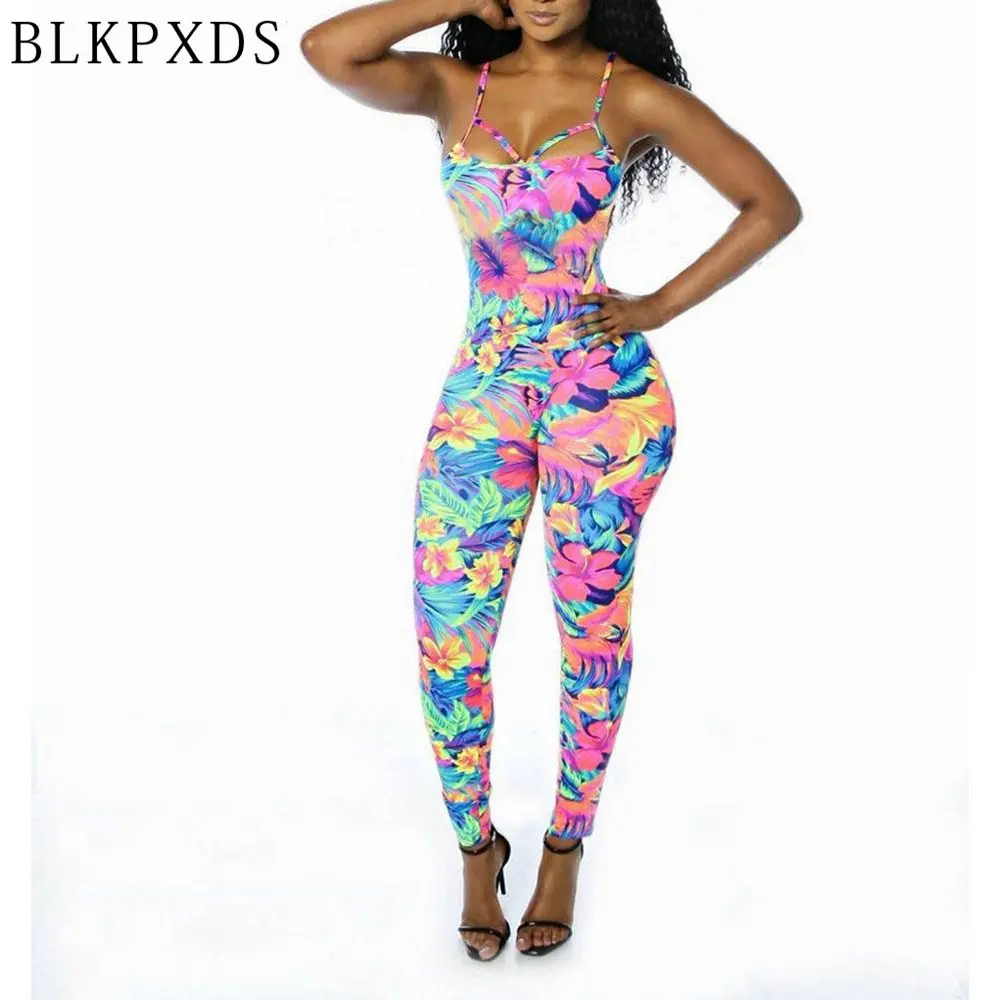New Fashion Summer Large flower painting Jumpsuit sexy Ladies Bodycon