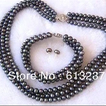 Encantos 3 filas 7-8mm hermosa perla negro redondo de los granos diy Collar Pendiente de La Pulsera haciendo MY4794