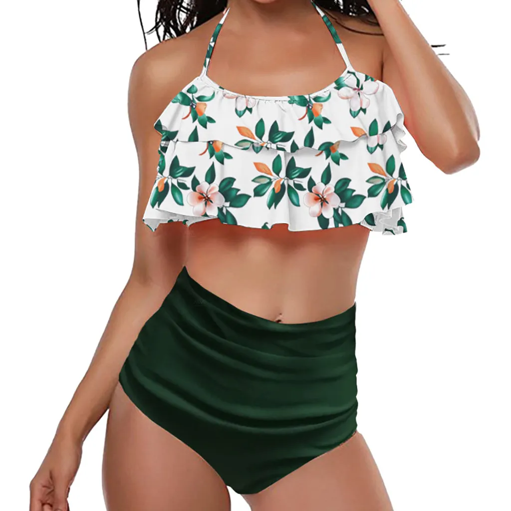 

ISHOWTIENDA High Waist Bikini Ruffled Push-Up Padded Bra Sexy Swimsuit Women Swimwear Bikini Set Monokini Badpak stroj kapielowy