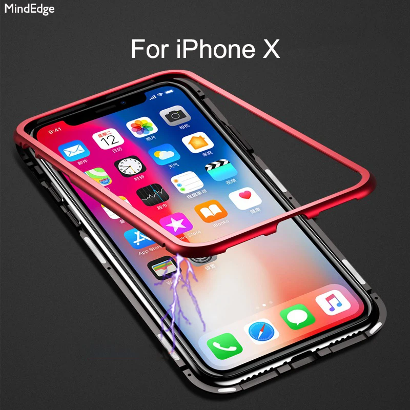 Magnet Metal Aluminium Bumper Case for iPhone X Case Luxury Ultra Thin Slim Cover 9H Transparent Tempered Glass Back Cover Capa