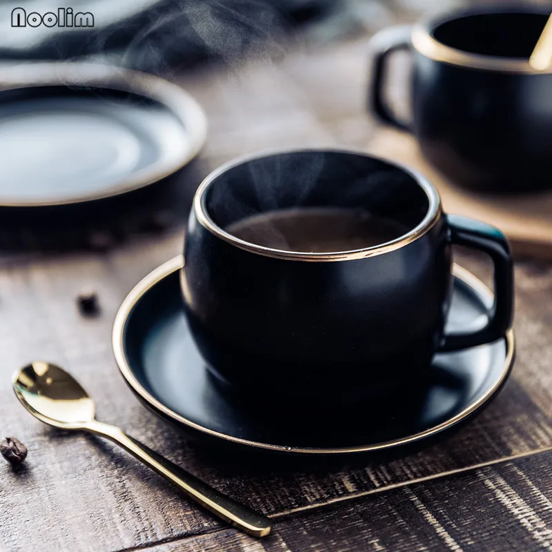 Ceramic Coffee Cup and Saucer Black Pigmented Porcelain Tea Cup Set with Stainless Steel Spoon Drinkware Set