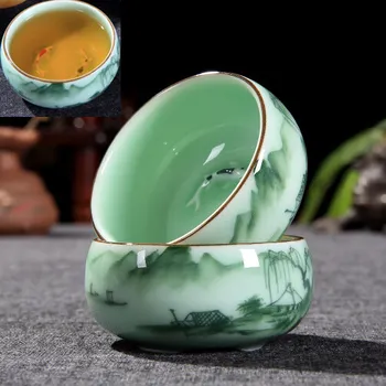 

2pcs/lot Chinese tea cup porcelain handpainted cup mountain-river bamboo print China cup of tea fish relief beautiful cups 75ml