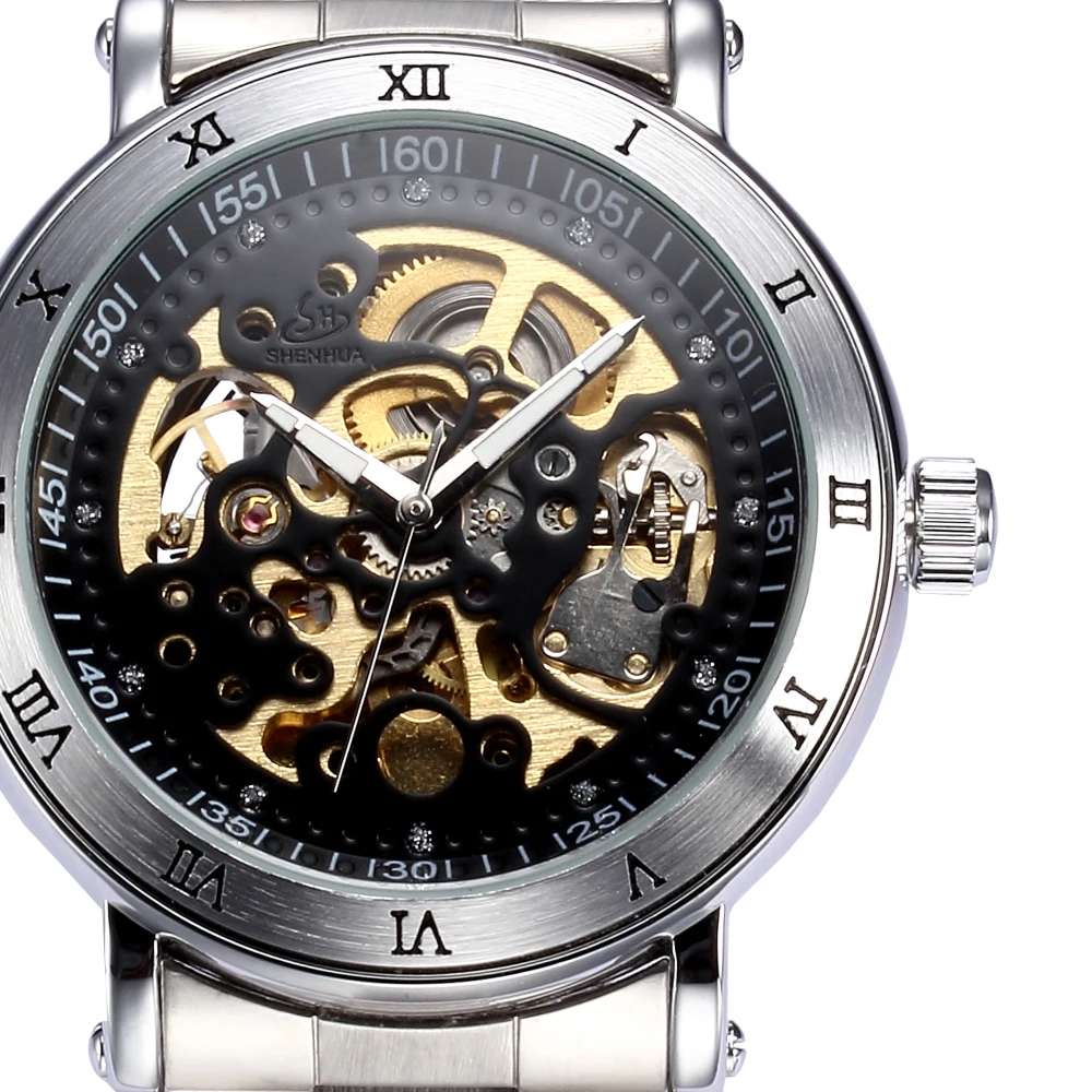 SHENHUA Brand Mens Wristwatches Skeleton font b Steampunk b font Stainless Steel Mechanical Male font b