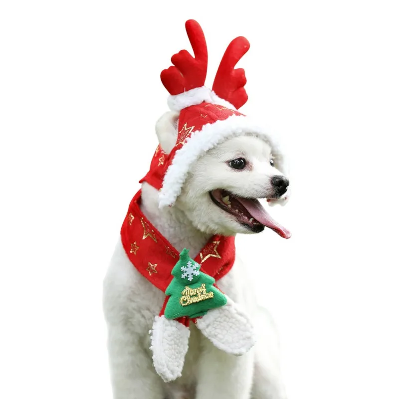 Животные Собаки Рождественский костюм аксессуары красная шляпа и шарф набор съемный рога шляпа натальные украшения для собак