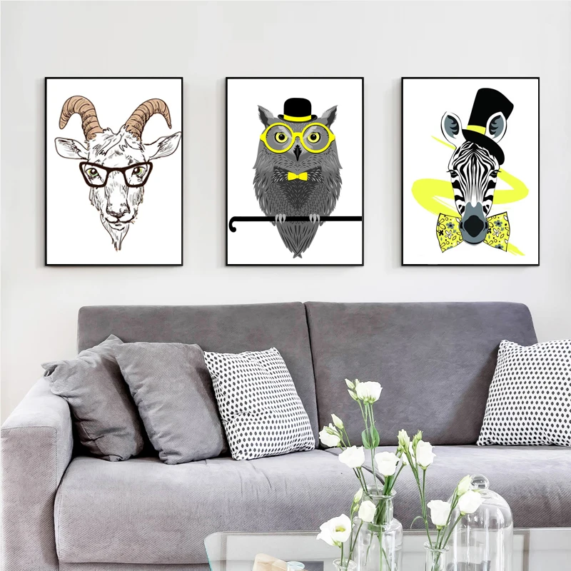 

Cartoon Animal Art Prints Poster, Zebra Wall Picture Owl Canvas Painting for Kids Room Deer Home Decor