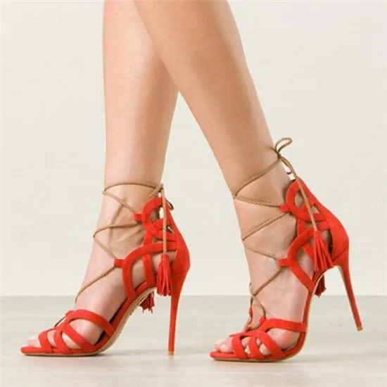 Fashion Fringe Women Sandals High Heels Blue Tassle Ankle Tied Cut Out Gladiator Sandals Women Boots Shoes Woman Sandalias Mujer (19)