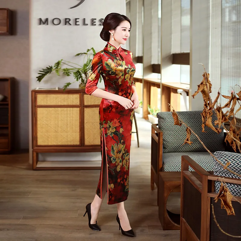 Пикантные велюр Cheongsam Весна Традиционный китайский стиль длинное платье женские воротник стойка Qipao Тонкий платья для вечеринок Vestido