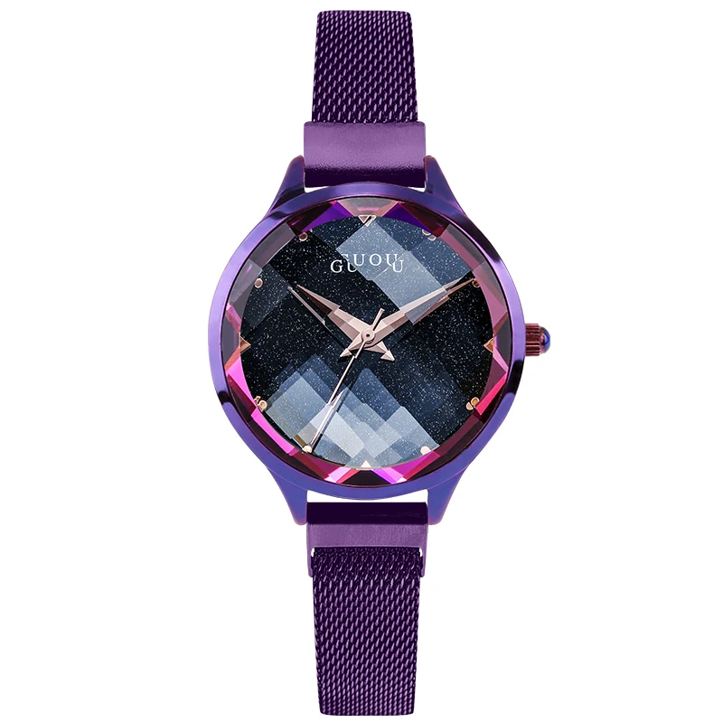  2019 GUOU Luxury Diamond Women Quartz Watches Gold Slim Mesh Steel Strap Adjustable Waterproof Ladi