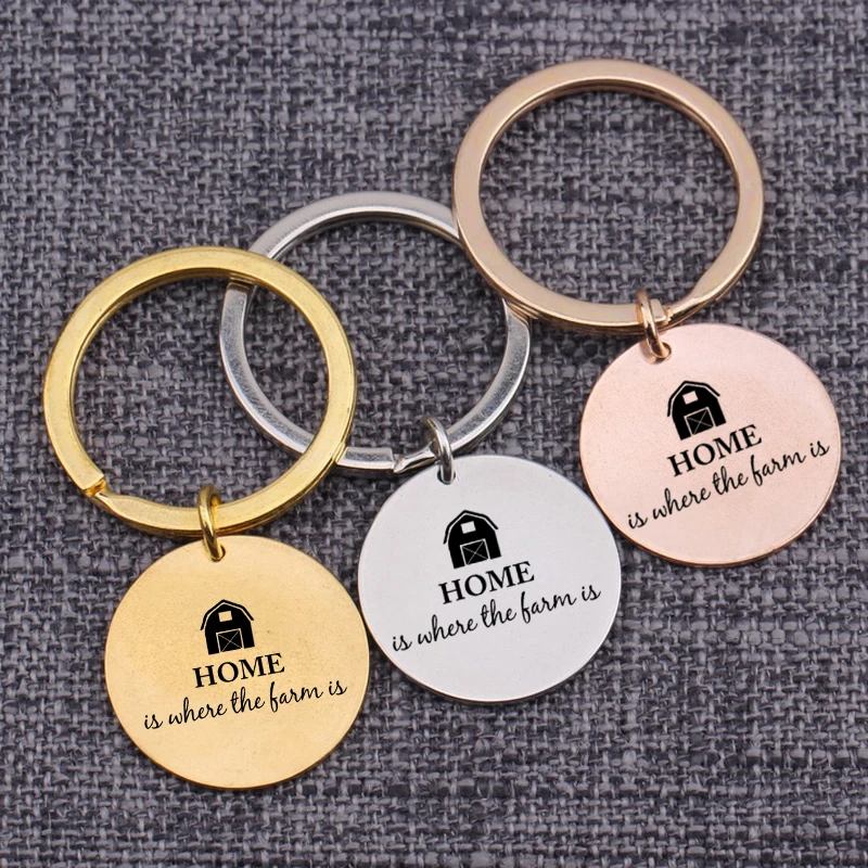 

Pendant Keyrings Home Is Where The Farm Is Engraved House Family Gifts Dad Gift Fashional Keychains 25mm Round Farmer Gift