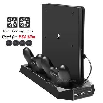 

PS4 Slim Vertical Stand Dual Controller Charger Charging Dock Station 2 Cooler Cooling Fan for Sony Playstation 4 Slim Console