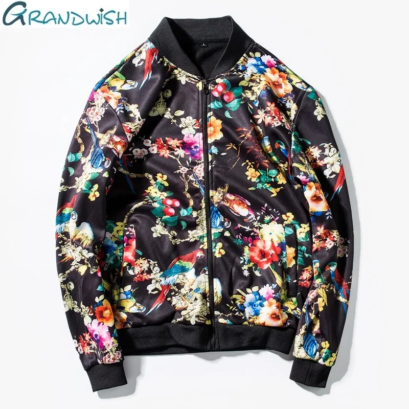 Grandwish Man Jacket Flower Print Spring and Autumn New Mens Jacket Zipper Brand Streetwear Hip Pop Bomber Jacket Men,DA453