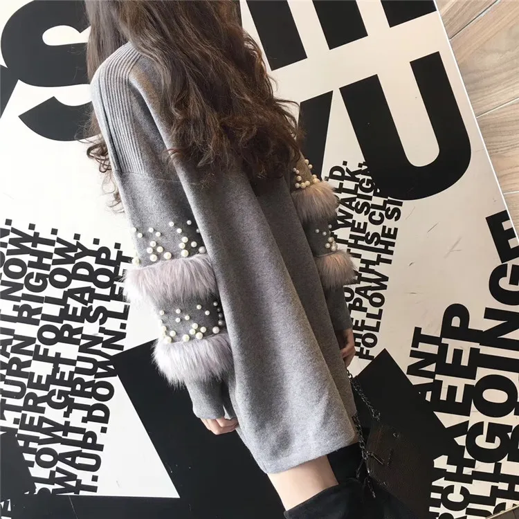 New Faux Fur Embellished Sleeve Sweater Long-sleeve Jumpers with pearls Turtleneck Pull Casual Pullovers Jersey Mujer Invierno New Faux Fur Embellished Sleeve Sweater Long-sleeve Jumpers with pearls Turtleneck Pull Casual Pullovers Jersey Mujer Invierno