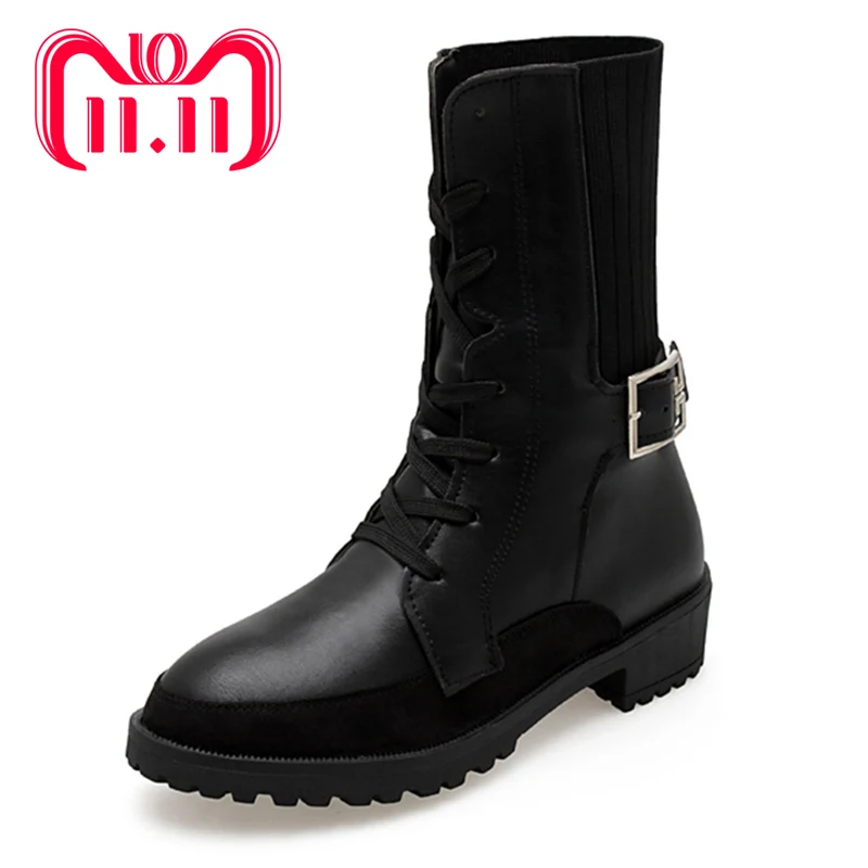 

Moxxy 2018 Punk Stretch Sock Shoes Ankle Boots For Women Leather Flat Rubber Autumn Winter Boots Vintage Combat Army Shoes Woman