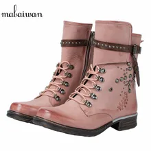 Mabaiwan/Модная женская обувь зимние ботильоны с заклепками зимние короткие сапоги из натуральной кожи сапоги милитари на шнуровке женская обувь на плоской подошве