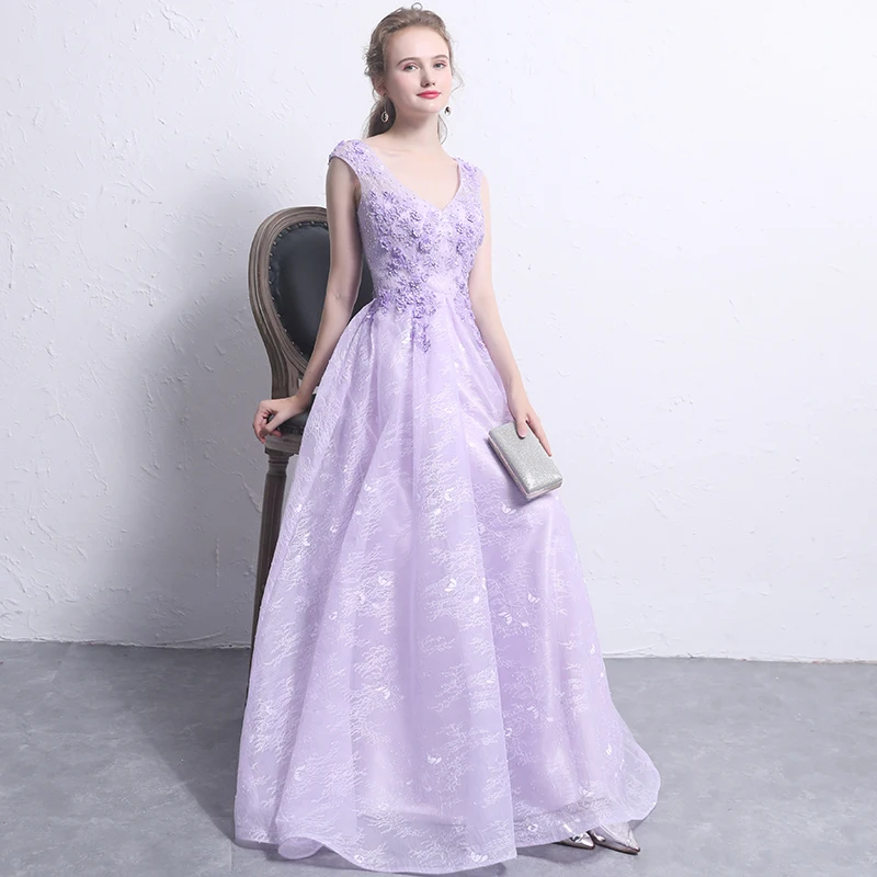 Light Purple Evening Dresses Long 2019 New Elegant V-Neck Lace Flower Floor-length Evening Gowns Robe De Soiree Avondjurk
