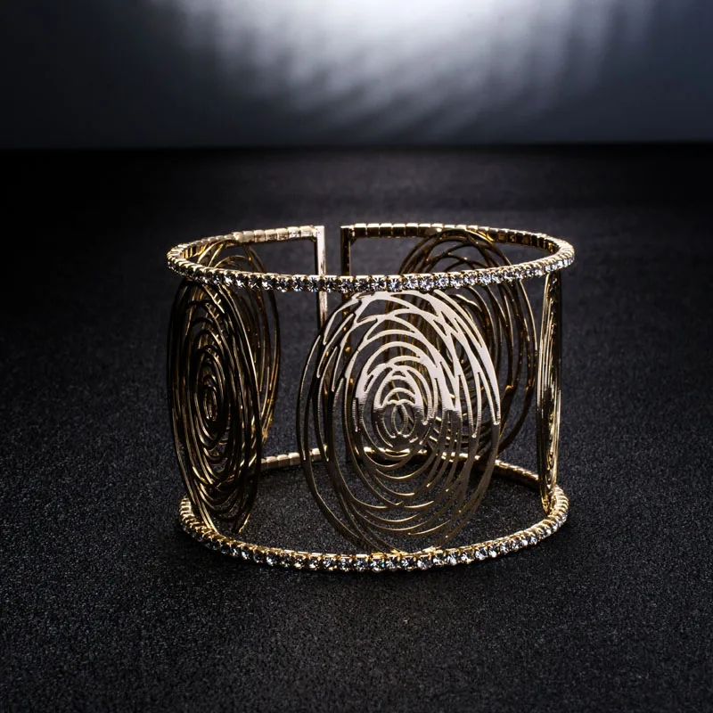 Fashion Wide Cuff Bracelets for Women Gold Color Metal Sparkly Crystal Rhinestone Round Flower Open Bangle Bracelet (7)