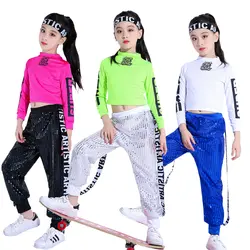 Songyuexia новый хип-хоп обувь для девочек костюм в стиле хип-хоп приливные пупка куртка с длинными рукавами дети джаз танец костюм Болельщицы