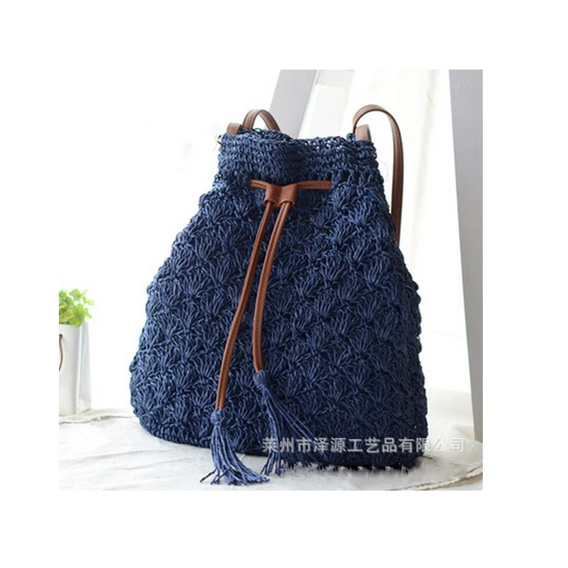 Fashion Women Hollow Out Grass Bucket Bag Madam Woven Straw Drawstring
