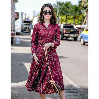 

Europe spring autumn sexy Vintage Hepburn Fluid Systems Case grain Printing three quarter sleeve fashion red blue woman dress