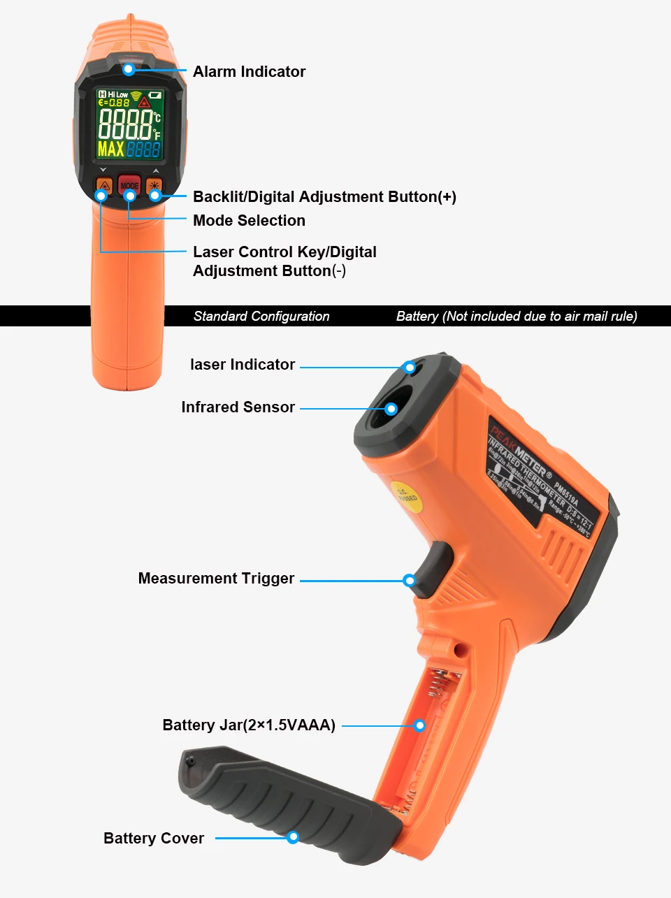 PEAKMETER PM6519B/PM6519C ЖК ручной лазерный цифровой ИК инфракрасный термометр Температура-50~ 500 градусов Бесконтактный тест окружающей среды