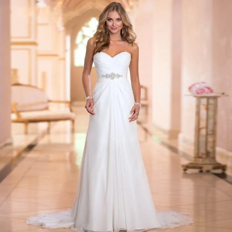 

2019 Vestido De Noiva Chiffon Wedding Dresses Beading Sweetheart Sleeveless Robe De Mariage Bridal Gown with Lace Up Casamento