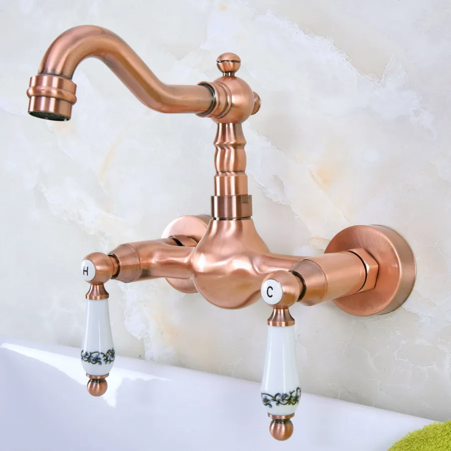 

Antique Red Copper Brass Wall Mounted Bathroom Kitchen Sink Faucet Swivel Spout Mixer Tap Dual Ceramics Handles Levers anf950