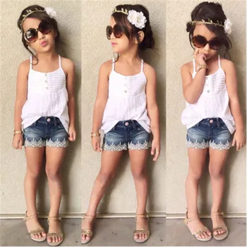 

Kids Toddler Baby Girls Outfit Clothes T Shirt Tops Dress+ Denim Short Pants Set Sleeveless Newest Fashionable