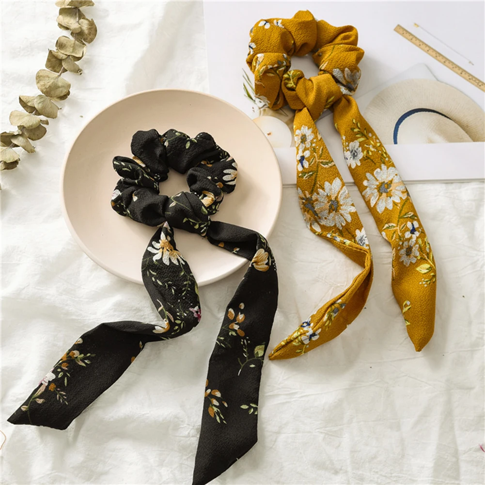 Floral Print Elastic Knot Ribbon Scrunchies Women Vintage Big Bow Fabric Hair Ties Girls Satin Hair Accessories Soft Hairbands