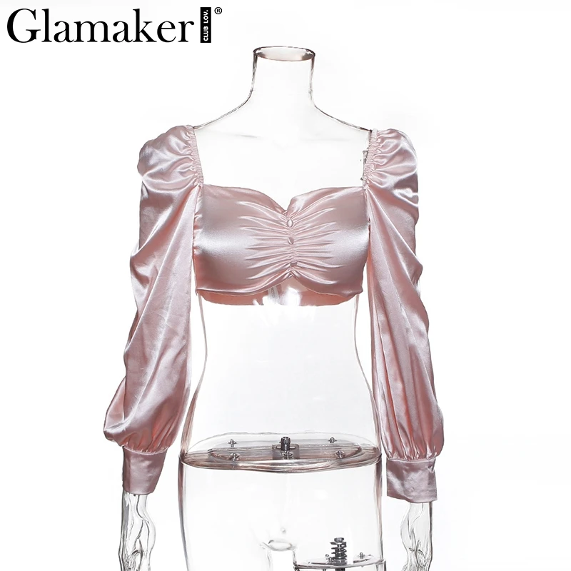 Glamaker, рубашка с пышными рукавами, короткий топ, летний, Одноцветный, на пуговицах, квадратный воротник, сексуальный топ, для женщин, модные, вечерние, для клуба, элегантная женская блузка