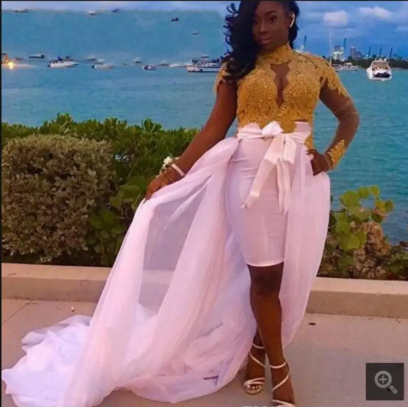 Gratis verzending mermaid roze chiffon hi-lo prom dress lange mouwen gold lace met afneembare rok kralen prom jurken best selling Gratis verzending mermaid roze chiffon hi-lo prom dress lange mouwen gold lace met afneembare rok kralen prom jurken best selling