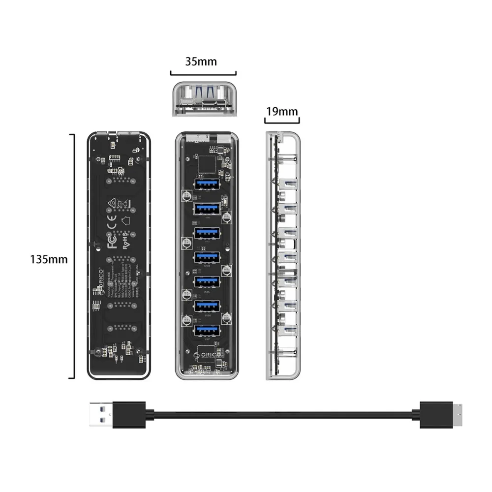 ORICO 7 портов USB3.0 прозрачный концентратор Высокоскоростной 5 Гбит/с портативный концентратор USB разветвитель для Apple Macbook Air ноутбук ПК планшет